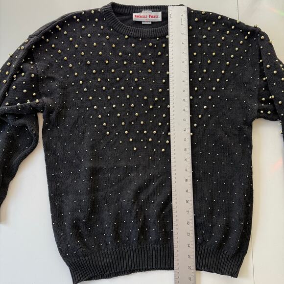 Vintage Rochelle-Forest Black Sweater Gold Stud Beads Ramie Cotton L - Picture 14 of 16